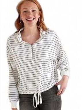 Old Navy White & Black Striped Half-Zip Drawstring Pullover